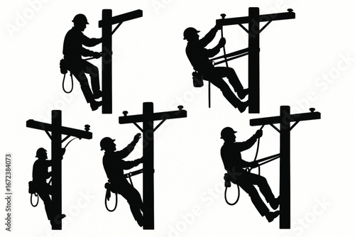 High-Contrast Vector Silhouettes of Utility Linemen Climbing Poles in Dynamic Poses