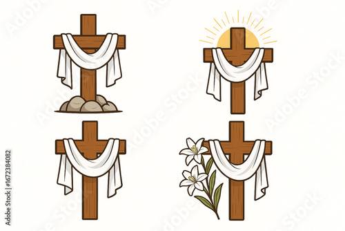 Vector Illustration of Christian Crosses with White Cloth and Easter Lilies Symbolizing Resurrection