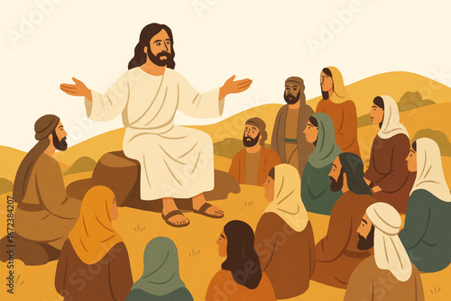 Flat Vector Illustration of Biblical Teaching Scene with Jesus and Crowd