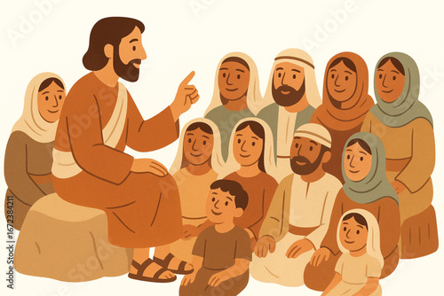 Flat Vector Illustration of a Teacher Preaching to a Diverse Crowd in First-Century Middle Eastern Clothing