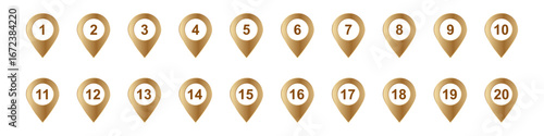 sequential markers numbered 1 to 20 in gold teardrop shapes used for easy identification and navigation.