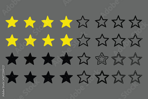 A visual representation of a five star rating system showcasing a progression from fully illuminated yellow stars to empty outlined stars against a neutral gray background