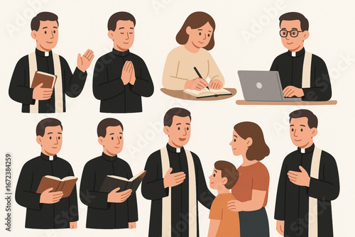 Flat Vector Illustration of Priests in Black Robes in Various Poses and Activities