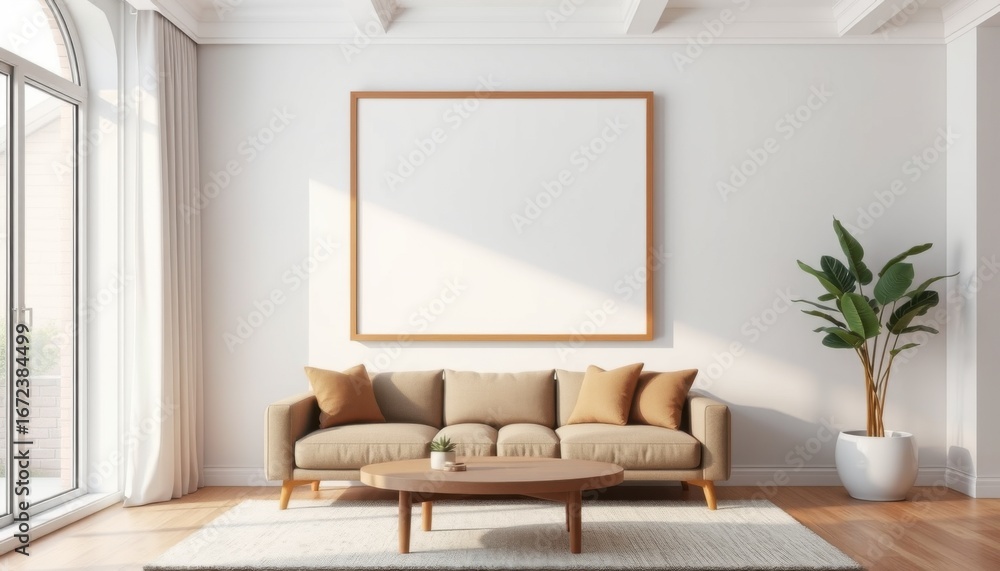 Fototapeta premium Bright modern living room with comfortable sofa empty framed artwork and large window with natural light