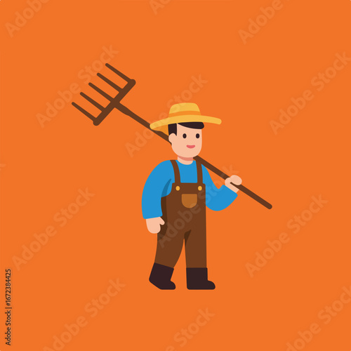Farmer Holding Rake on Shoulder in Field