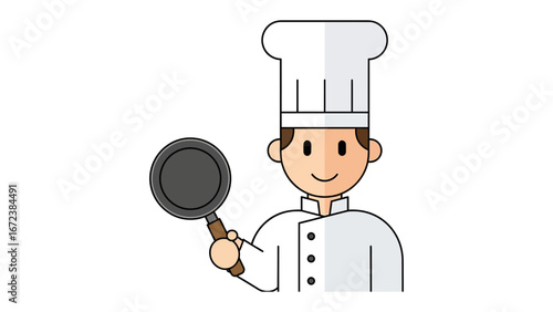 Culinary Craftsman with Pan: A charming illustration of a chef, donned in a pristine toque and coat, proudly brandishing a pan, capturing the essence of culinary expertise.