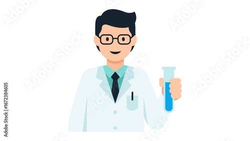 Scientific Precision: A focused scientist, garbed in a pristine lab coat, attentively examines a laboratory vial, embodying dedication in a meticulously clean setting.