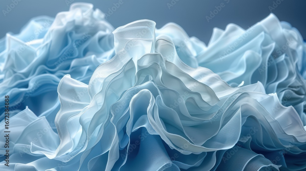Obraz premium Soft blue fabric texture with flowing, layered ruffles creating a delicate and elegant appearance