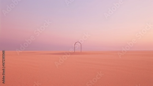 Solitary archway stands alone in a desert landscape under a soft, pastel-colored sky at dusk or dawn.