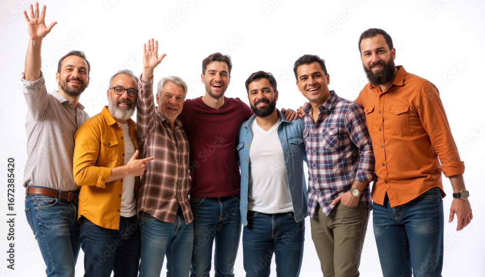 Obraz premium A diverse group of men standing together, smiling and waving, showcasing camaraderie and joy.