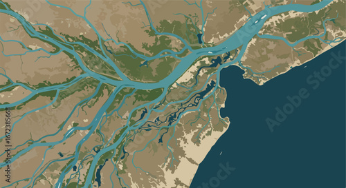 Delta Reaching Out into the Sea, an Aerial View of Land and Water