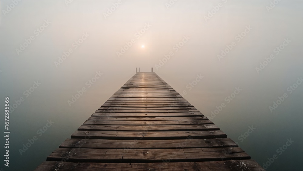 Obraz premium Wooden dock stretching into foggy waters, sun glowing through the haze. Serene and mysterious landscape.