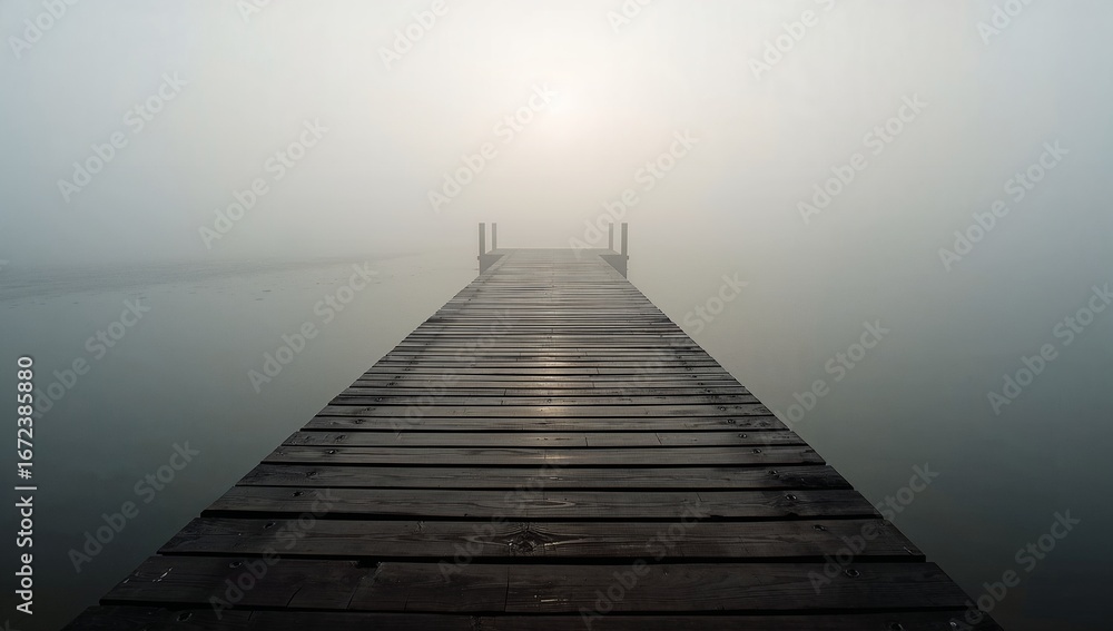 Obraz premium Foggy pier stretching out into the unknown, disappearing into a white mist. Tranquil, ethereal scenery