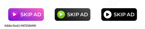 three skip ad buttons in various colors highlight user navigation choices with playful digital designs.