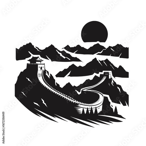 Great Wall of China in black and white style, represents Chinese architecture