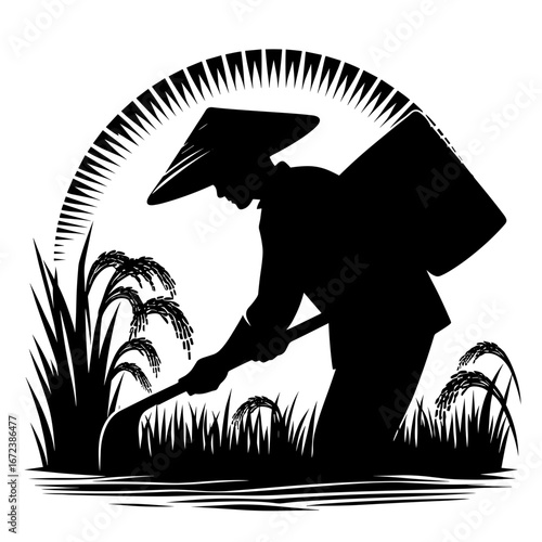 Farmer harvesting rice against paddy background