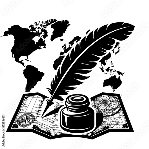 Quill inkwell map illustration black monochrome representing exploration