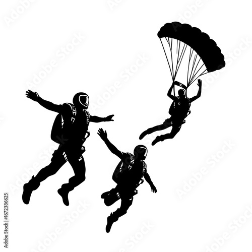 Three skydivers freefalling against transparent background