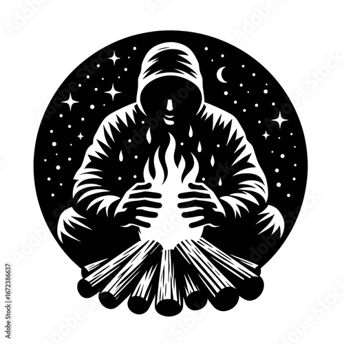 Person warming hands over fire under starry sky