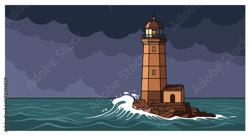 Lighthouse standing tall amid crashing waves, stormy sea and cloudy sky