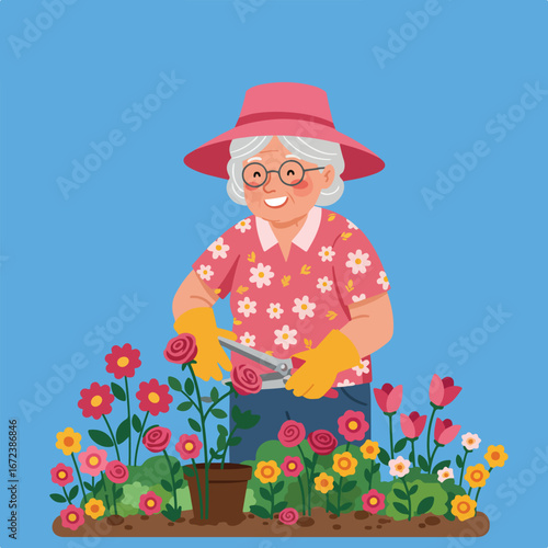 Elderly Woman Pruning Roses in Garden on Sunny Day, Flower Care & Gardening
