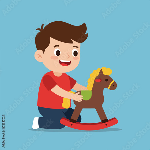 Boy Playing with Rocking Horse on Floor