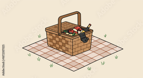 Packed Picnic Basket on Blanket, Grassy Outdoors
