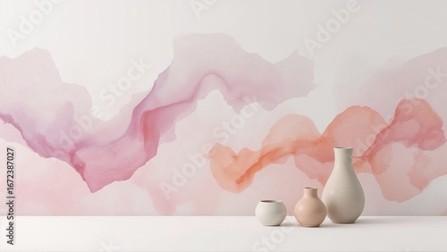 Still life of three vases on a shelf against an abstract pink and peach watercolor painted background.