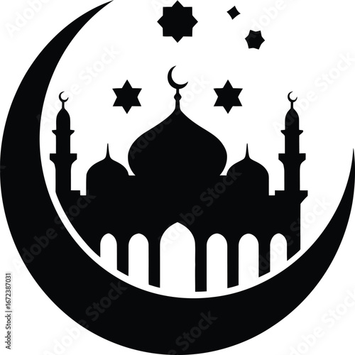 A striking silhouette illustration featuring a mosque nestled within a crescent moon, adorned with stars. This elegant design is perfect for Islamic art, cultural projects, or any creative work.