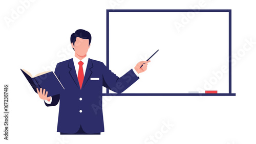 The Educator: A refined educator, dressed in a smart suit, holds a book and a pointer, standing confidently near a blank whiteboard, prepared to enlighten with wisdom.