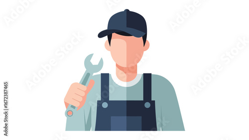 Mechanic with a Wrench: A skilled mechanic, donned in overalls and cap, holds a wrench confidently, ready to tackle any repair and maintenance task in a crisp, professional illustration.