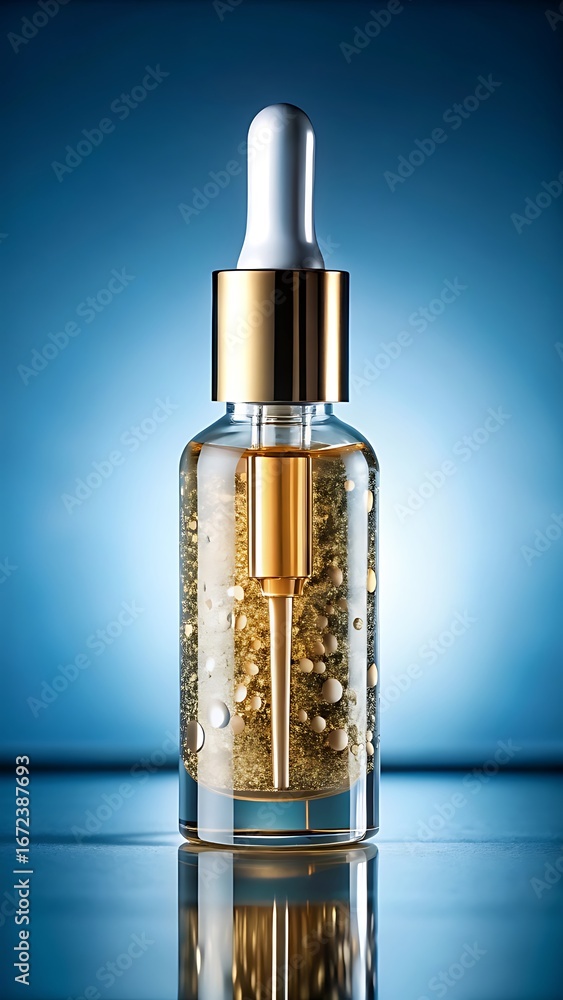 Naklejka premium Golden serum bottle with dropper isolated on a blue background