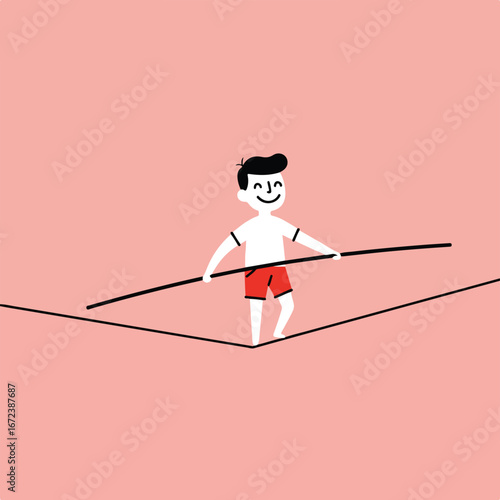 Child Balancing on Ropes Against Salmon Background