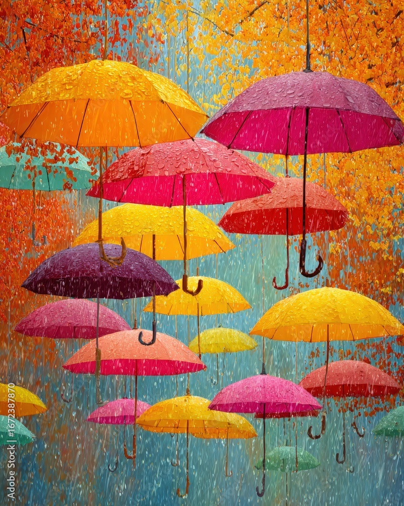 Obraz premium Floating umbrellas in autumn rain, each umbrella a different fall color, whimsical scene 