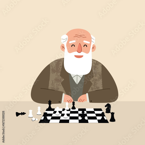 Senior Man Playing Chess Game on a Table