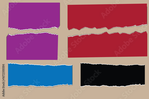 Abstract torn paper strip collection in black purple  and red shades on neutral background, creative ripped edge shapes for scrapbook design, collage, and digital projects.