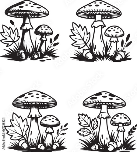 Vector illustration of mushrooms with forest and nature elements