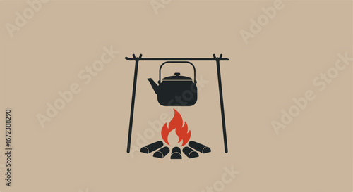 Teapot Boiling Over Campfire Outdoors