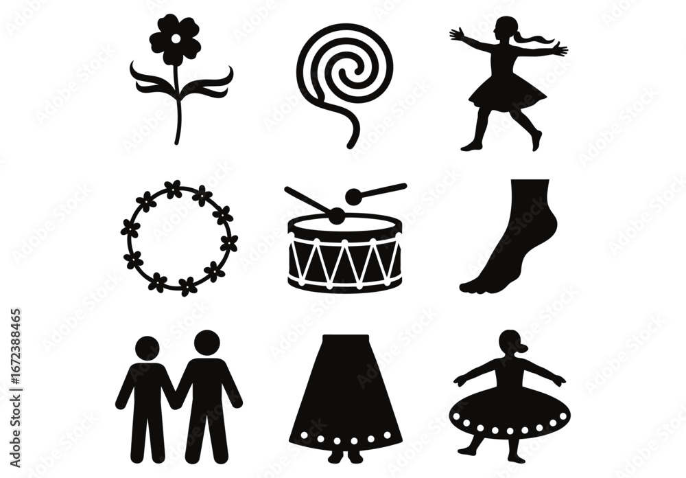 Naklejka premium WebCelebrate Culture with Folkloric Icons and Traditional Silhouettes for Global Events and Educational Resources, Embracing Diversity and Heritage with Artistic Dance and Music Elements