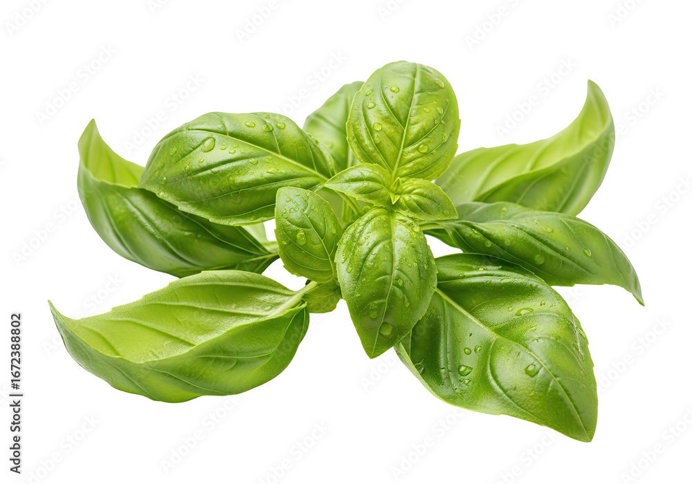 Obraz premium Fresh vibrant green basil leaves with glistening water droplets perfect for culinary use.