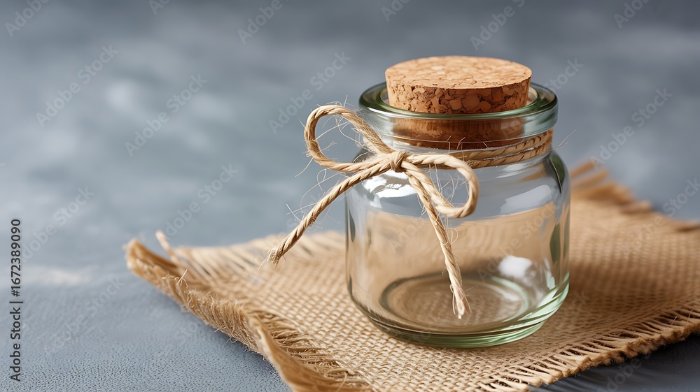 Obraz premium Charming Glass Jar with Cork Stopper and Jute Twine Bow on Burlap Fabric for Rustic Decoration