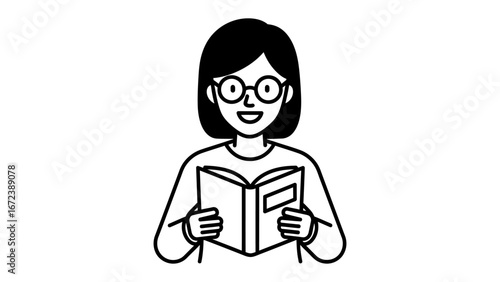 Reading Enthusiast: A line art illustration captures a woman absorbed in the pages of a book. Focus on the calm, intellectual engagement in a straightforward, uncluttered.