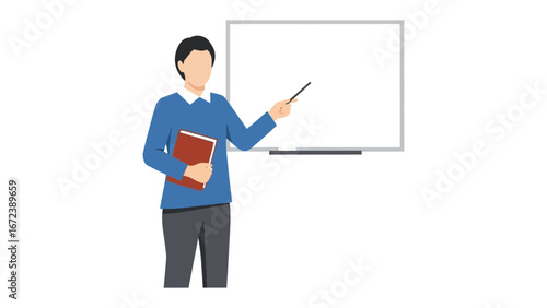 The Instructor and the Board: A male instructor, elegantly attired, stands confidently before a pristine board, brandishing a pointer and a notepad.