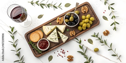 Elegant cheese and wine arrangement on a wooden tray isolated on white background