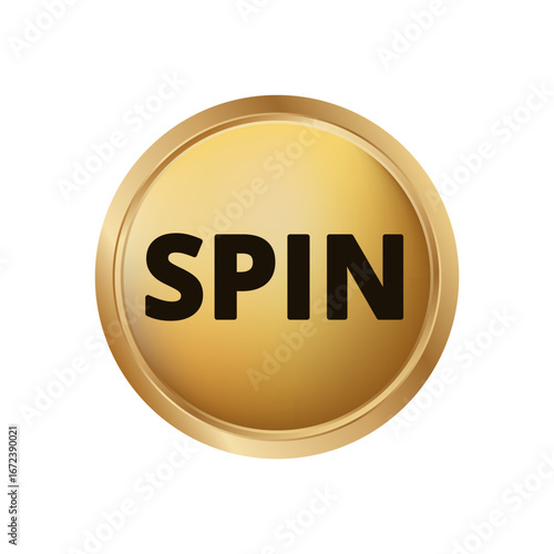 Shiny gold round button with bold black spin text in center. emphasizes action theme.