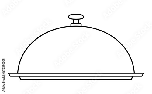 Hand drawn cute outline illustration of cloche and plate side view. Flat vector tray with cover line art doodle. Service or maintain icon. Surprise or secret. Food delivery service sticker. Isolated.