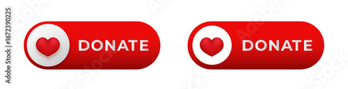 Two red buttons with heart symbols and donate text, used for encouraging online donations.