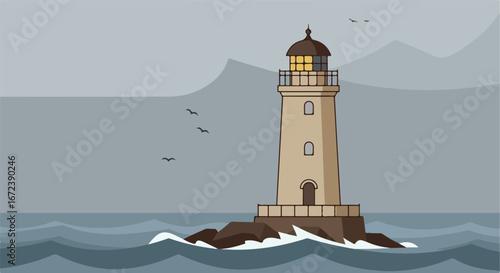 Standing Lighthouse in the Ocean With Flying Birds and Distant Mountains