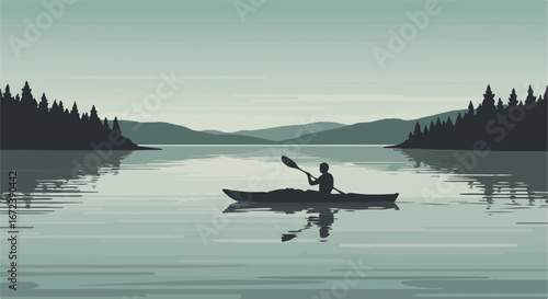 Kayaker Paddling Boat on Lake