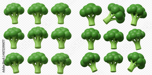 Collection of realistic broccoli florets, various angles, 3D rendered.
